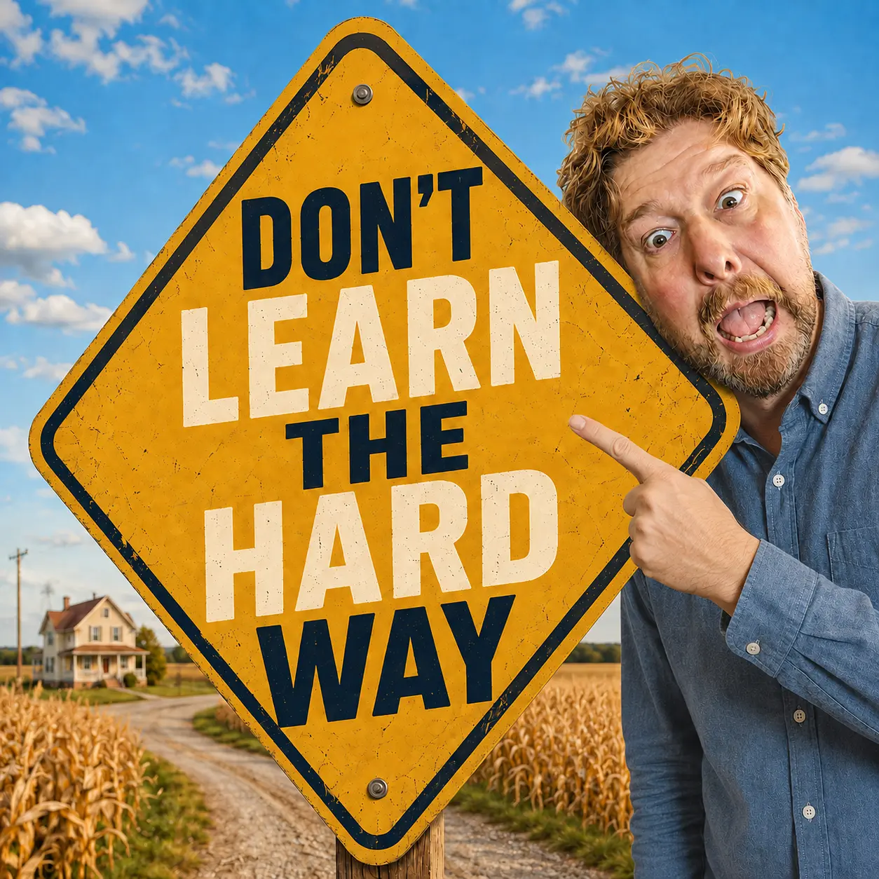 Steve pointing toward a yellow road sign that reads Don’t Learn the Hard Way